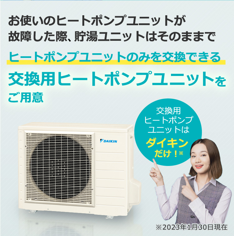 お使いのヒートポンプユニットが故障した際貯湯ユニットはそのままでヒートポンプユニットのみを交換できる交換用ヒートポンプユニットをご用意。交換用ヒートポンプユニットはダイキンだけ！※2023年1月30日現在